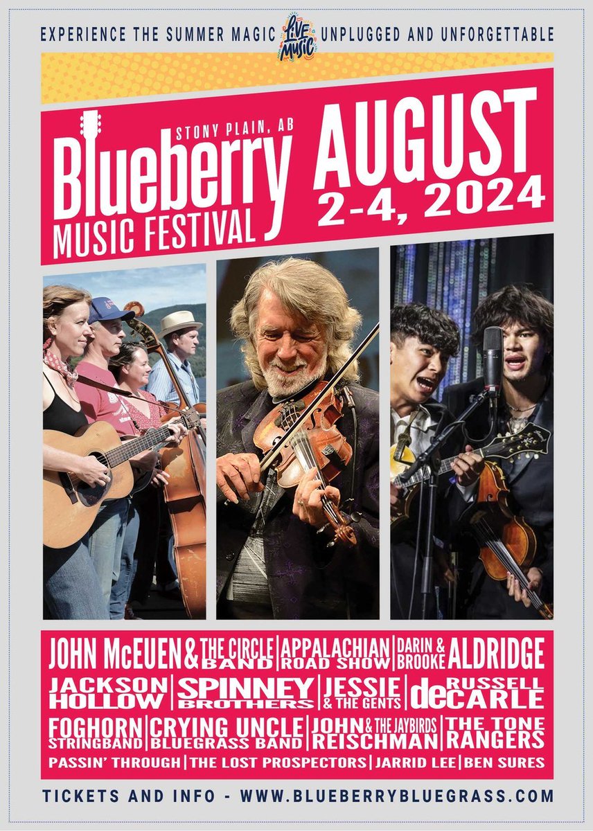 BlueberryBgrass.com has the details. What an incredible lineup incl. local hero @BenSures, additional 🇨🇦 acts like Jackson Hollow, and bluegrass stars @AppalachianShow @DarinandBrookeA @JohnMcEuenNGDB & so many more. See you in Stony Plain, August 2-4! Beauty poster, too!
