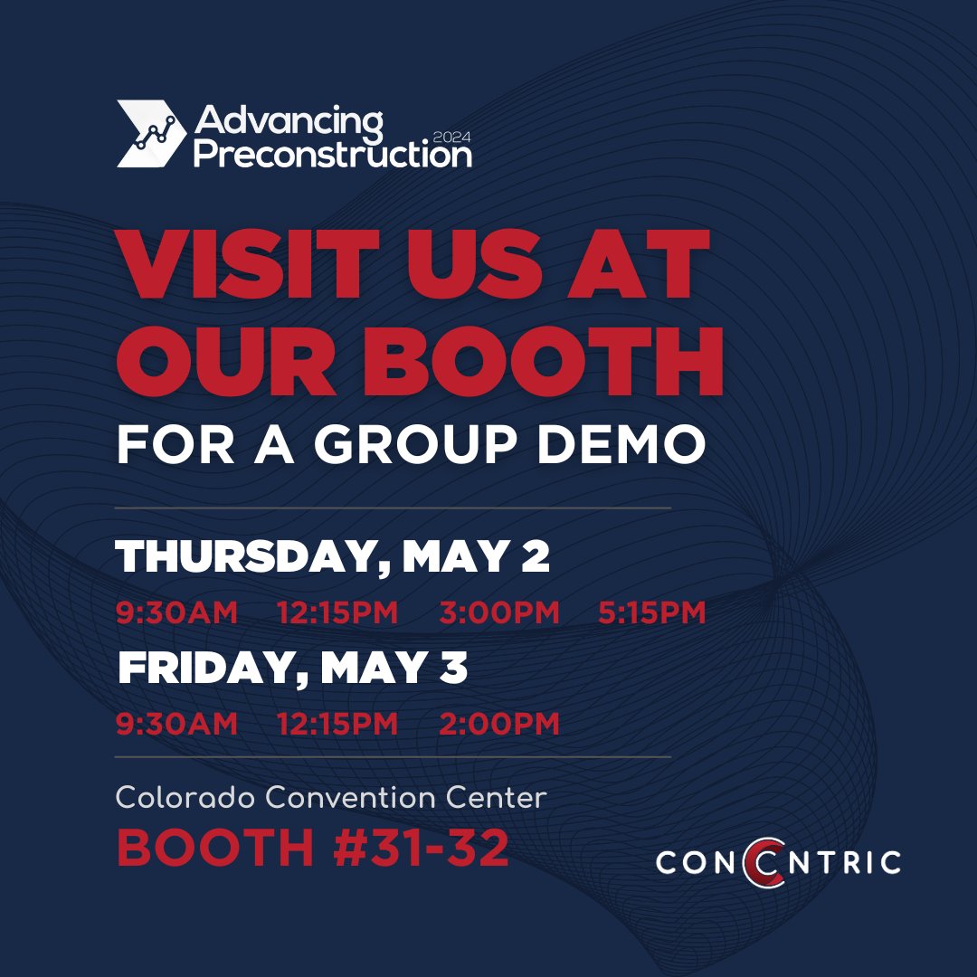 If you have been itching to see how ConCntric’s platform works, you can see it in person at #APC2024 in Denver from May 1-3! 

The best way to understand how ConCntric’s platform is transforming preconstruction is to see it in action. We hope to see you there!