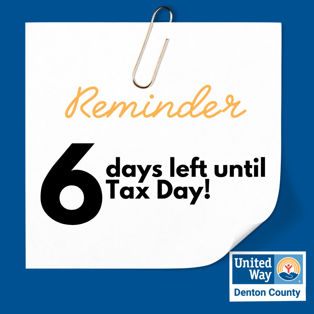 Don't forget, there's less than a WEEK left until Tax Day - April 15. 🗓️ Find helpful information to file your taxes at UnitedWayDenton.org/VITA or MyFreeTaxes.com #FreeTaxPrep #TaxDay