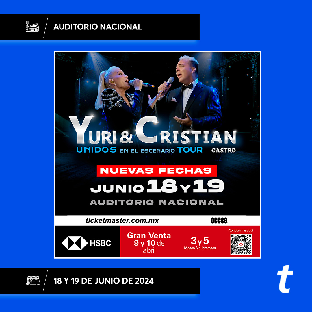 🎶 @OficialYuri y #CristianCastro nos dan otras dos fechas para disfrutar y cantar junto a ellos sus mejores temas en el @AuditorioMx ✨🤩 Aprovecha hoy la #GranVenta @HSBC_MX para elegir tus 💺💺 👇 tkmx.link/Yuri&Cristian_…