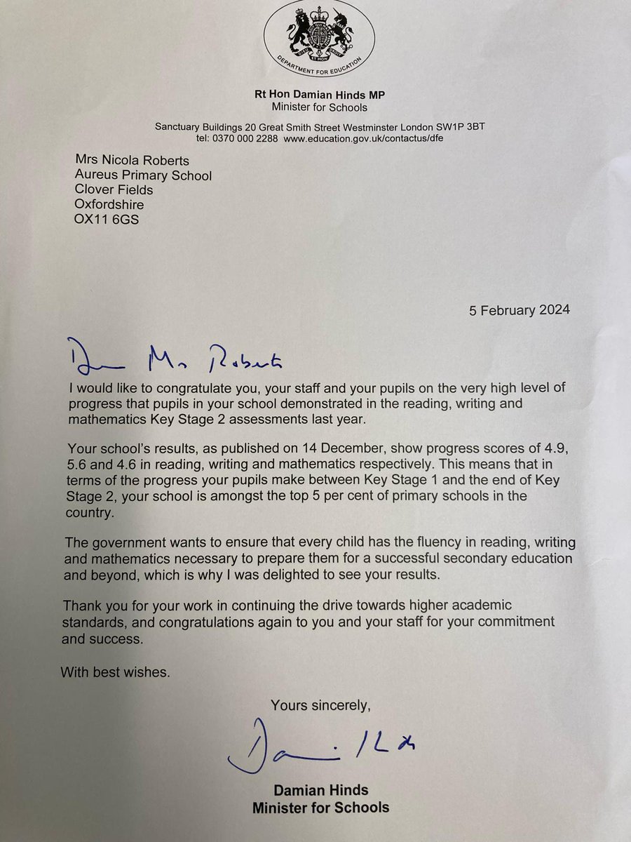 WOW! We were blown away to have received this letter in the post from Rt Hon Damian Hinds MP, Minister for Schools, to share that Aureus Primary School is in the top 5% of primary schools in the country in terms of progress between KS1 and KS2! #dreambelieveachieve