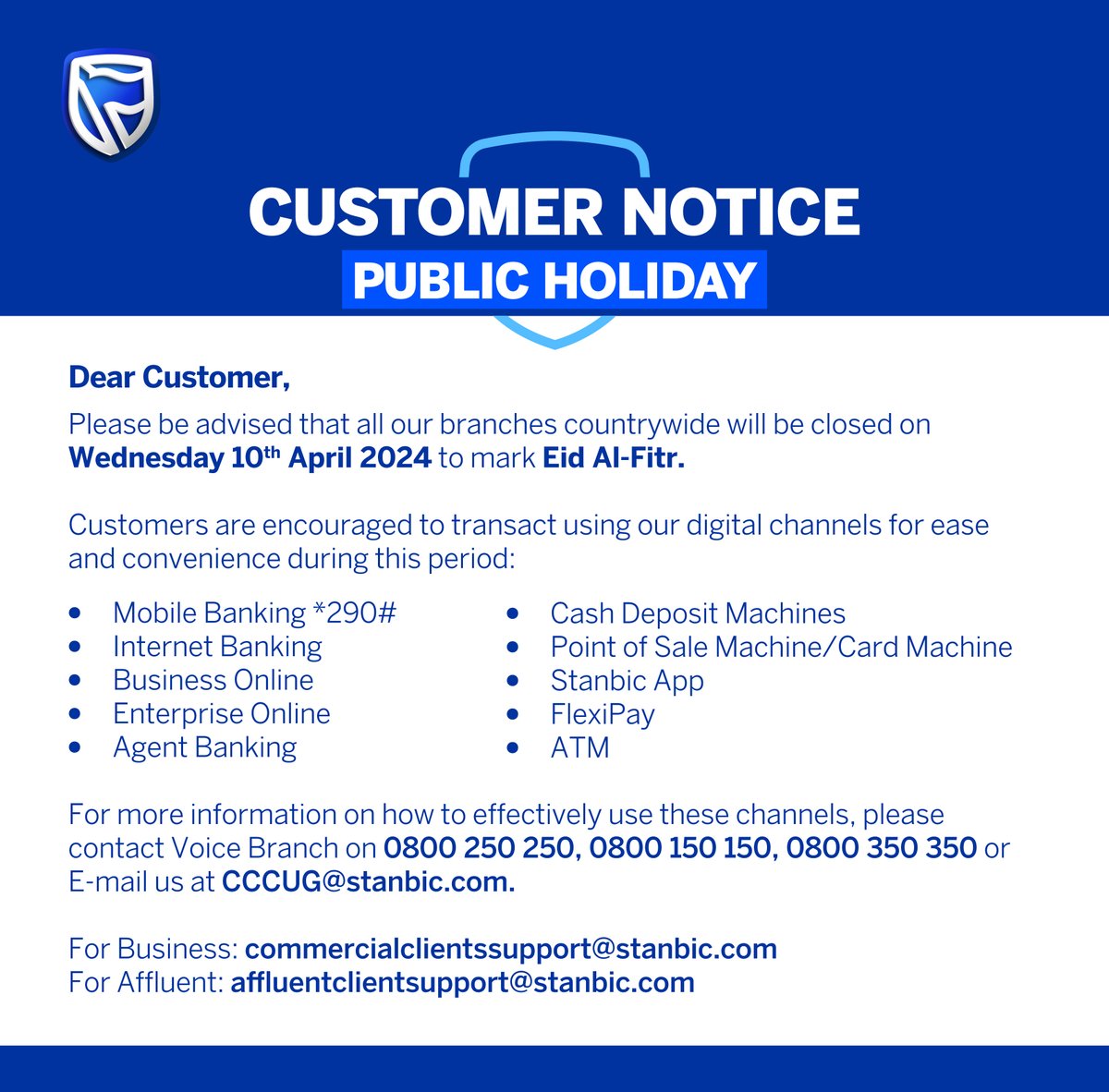 #PublicNotice: Tomorrow,our branches will be closed in observance of Eid al-Fitr. However, customers can still transact using our alternative channels.