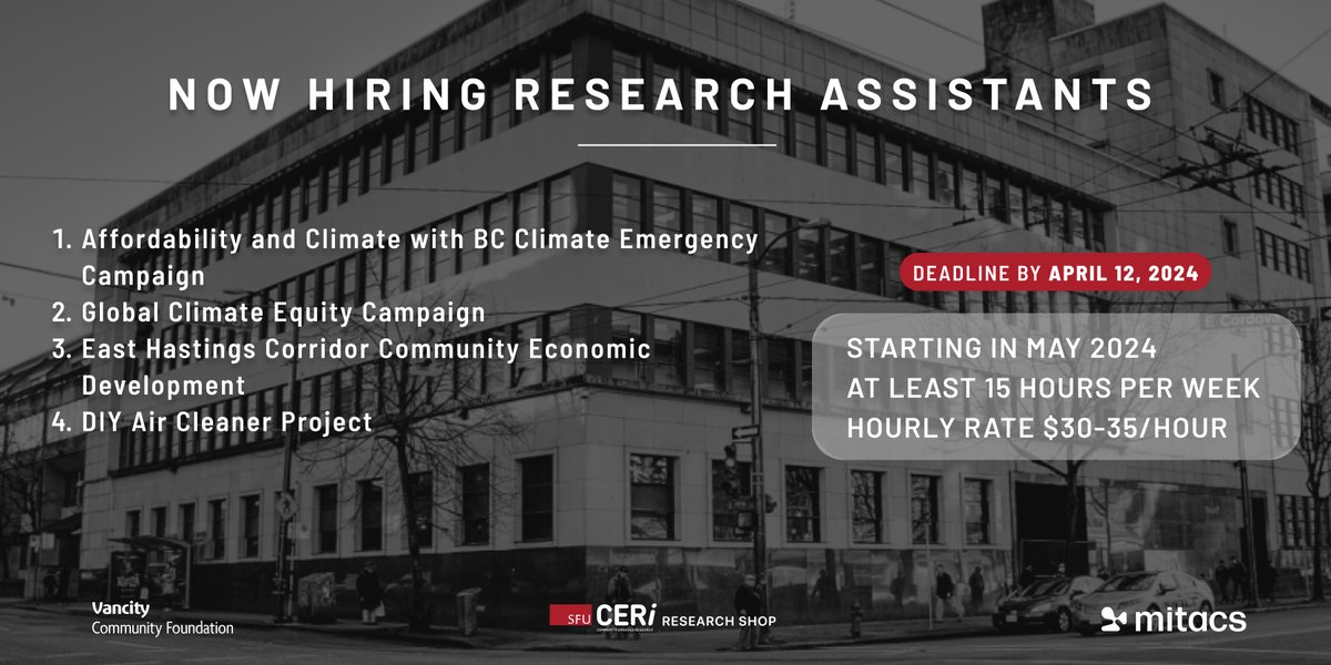 Attention SFU grad students! Don't miss out on this opportunity to join the 312 Main Research Shop and collaborate on impactful projects with community partners. APPLY BEFORE THE DEADLINE this Friday, April 12! sfu.ca/ceri/job-posti…