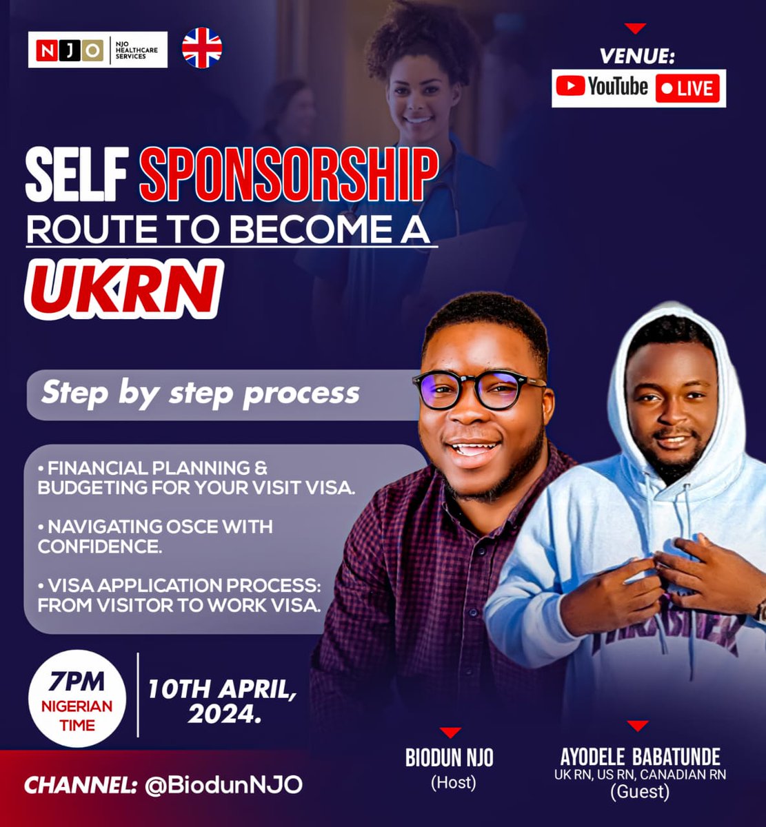 Wondering how to make your dream of working in the UK a reality before your IELTS/CBT expires?

Join us for an exclusive YouTube Live to learn the self-sponsorship route

📅 April 10th, 2024
🕖 7 PM Nigeria Time
📍 YouTube Live
 📺 Channel: youtube.com/channel/UCo3TI…