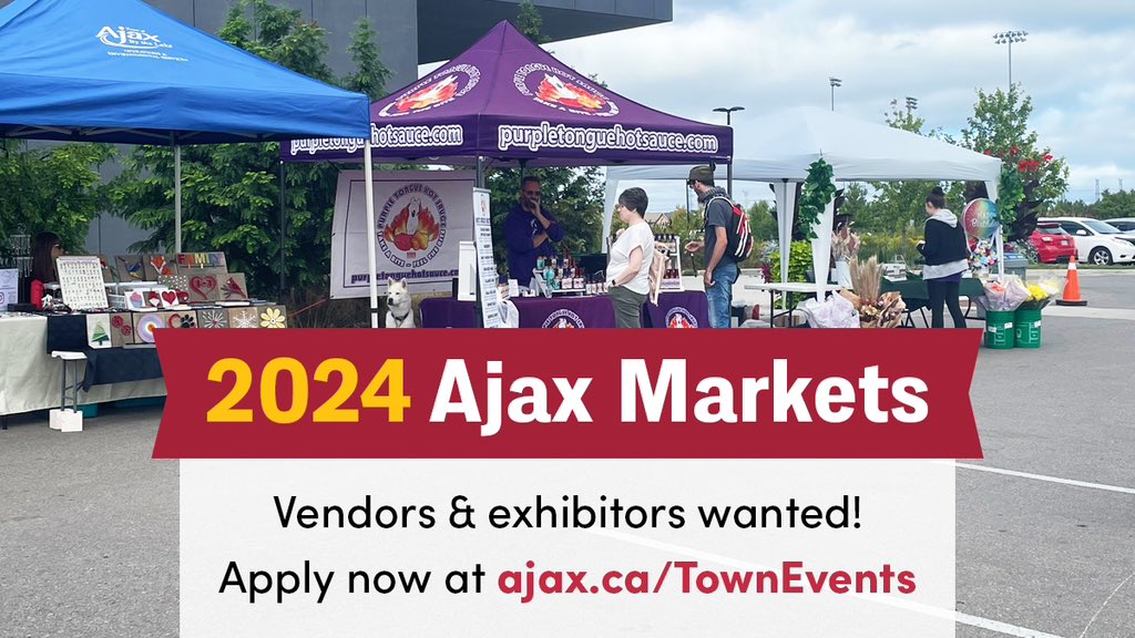 📣#TOA is excited to welcome the community back to this year’s Ajax Markets!👏 🗓️Starting June 6 until October 6 – every Thursday from 2 – 7 p.m.! Check out various vendors, live music & more.💐🎶 ➡️For details & to apply as a vendor/exhibitor, visit ajax.ca/TownEvents