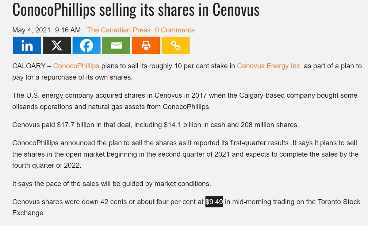 $BTE $BTE.TO For those pointing to Juniper selling Baytex stake in open market . Conoco Phillips sold 10% in open market in Cenovus around $9 . Today price is 3X at $29 . Patience .