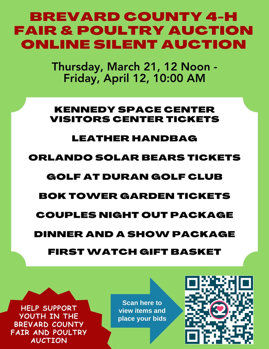 Check out all of the wonderful items available in the Brevard County 4-H online #SilentAuction! Or join us, live, for the in-person silent auction items available at our 4-H Fair and Market Poultry Auction on April 13 at 9 AM! Bid here: loom.ly/fs9Tn40HEl