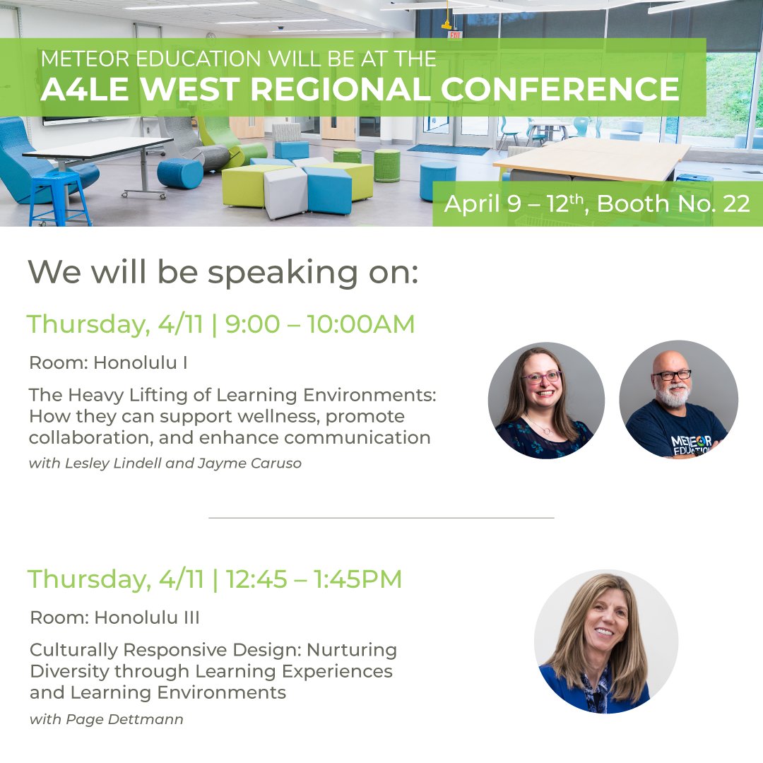 meteoreducation's tweet image. Big News! Meteor Education is speaking at @a4le2

📚 4/11, 9 AM: The power of learning spaces to promote wellness &amp;amp; communication w/ Lesley Lindell &amp;amp; Jayme Caruso.
🎨 4/11, 12:45 PM: Embracing diversity in design w/ Page Dettmann. #EdDesign #LearningSpaces #MeteorEducation