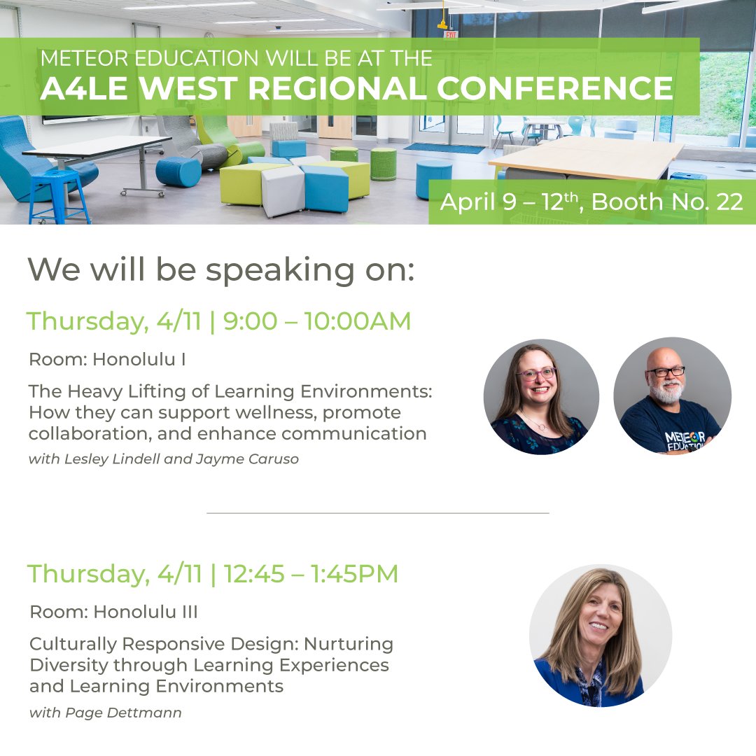 Big News! Meteor Education is speaking at @a4le2

📚 4/11, 9 AM: The power of learning spaces to promote wellness & communication w/ Lesley Lindell & Jayme Caruso.
🎨 4/11, 12:45 PM: Embracing diversity in design w/ Page Dettmann. #EdDesign #LearningSpaces #MeteorEducation