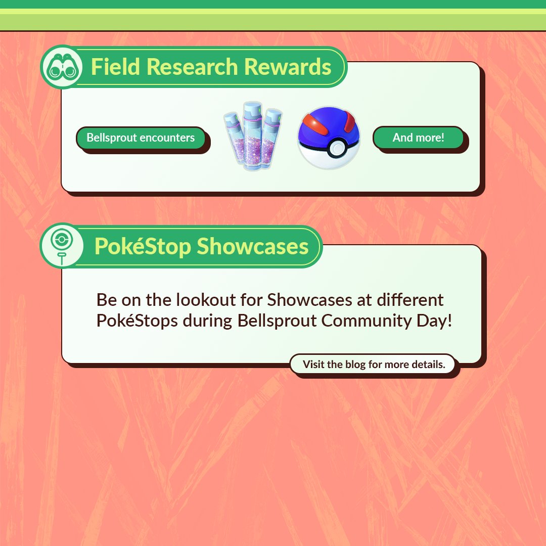 Bellsprout, the Flower Pokémon, will be sprouting throughout #PokemonGO during April Community Day! The event will take place on April 20, 2024, from 2:00 p.m. to 5:00 p.m. local time. pokemongolive.com/post/community…