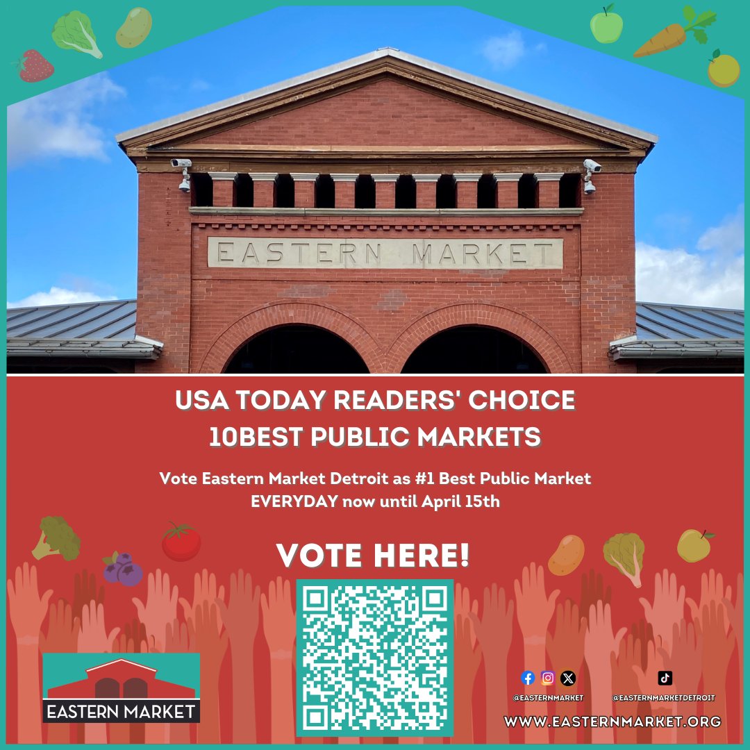 Thank you to everyone who has voted for Eastern Market Detroit in the running for Best Public Market by @10best! Let's continue voting everyday until April 15th to claim the #1 spot for 2024! Visit bit.ly/10best-USAToday.