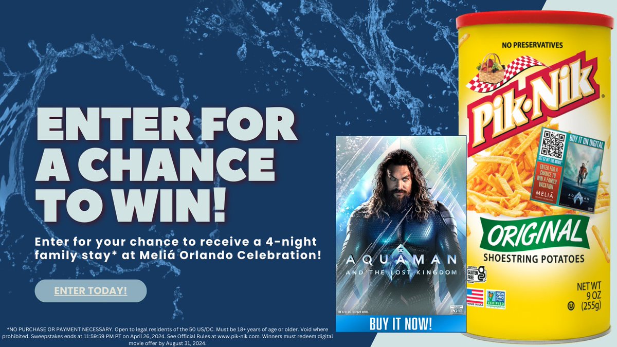 piknikusa's tweet photo. 📣LAST CHANCE for you to win a trip to #MeliaOrlando Celebration and an AQUAMAN AND THE LOST KINGDOM digital movie! 🏖️ Enter the sweepstakes on https://t.co/AqqaulBdVu now! https://t.co/Z49yt9Zp7l