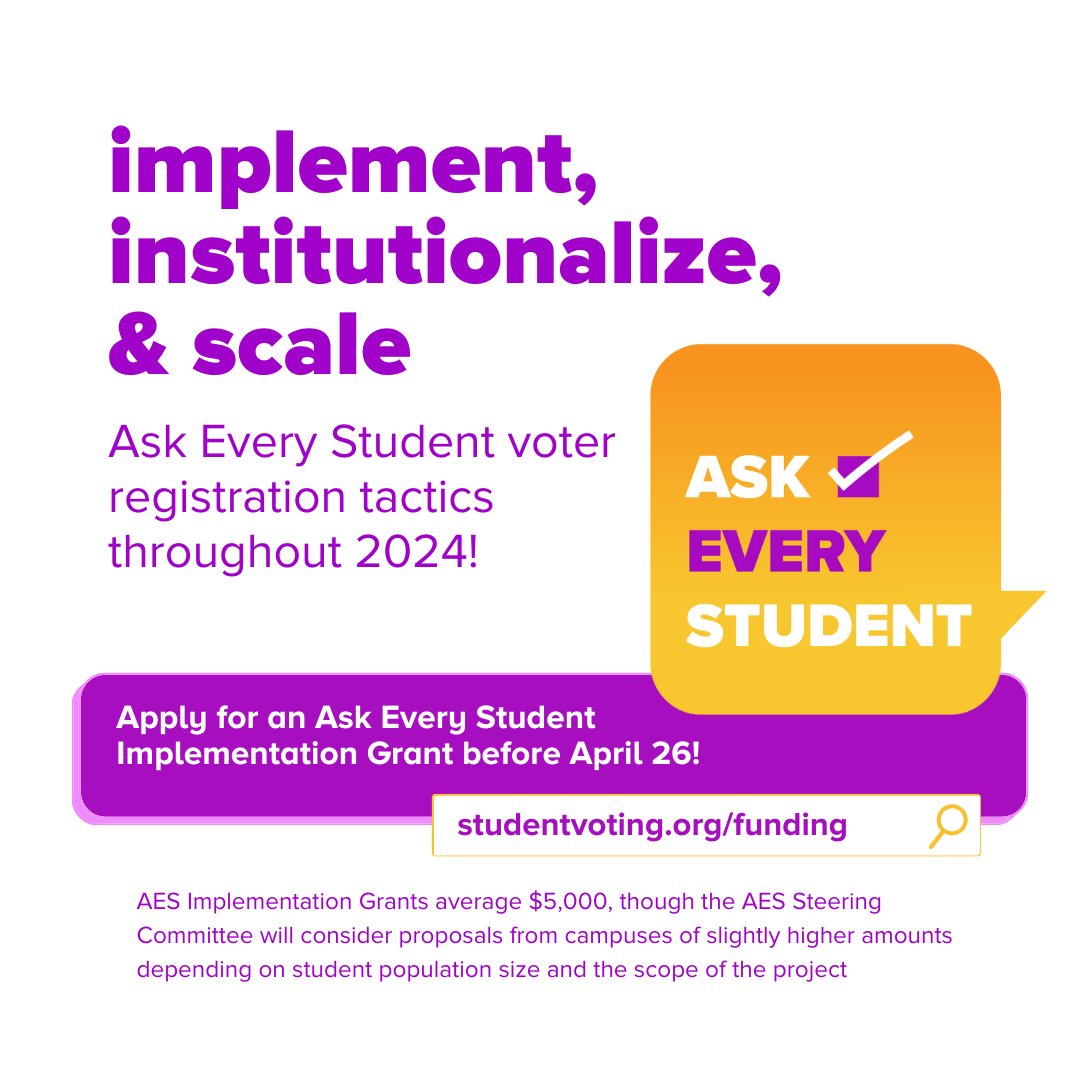 Make sure every student on your campus is registered to vote this year! Apply for an #AskEveryStudent Implementation Grant by April 26 to receive funding to support your campus’s voter registration efforts. Apply today: studentvoting.org/funding