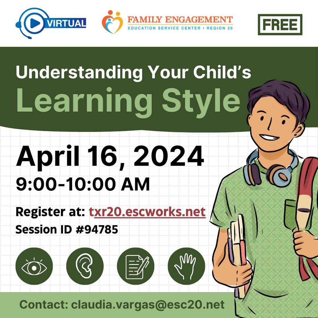 This session will help you transform your parenting through understanding your child's learning style and provide strategies and tools to support him/her academically that match his/her learning style. Learning style inventories and other resources will be shared.