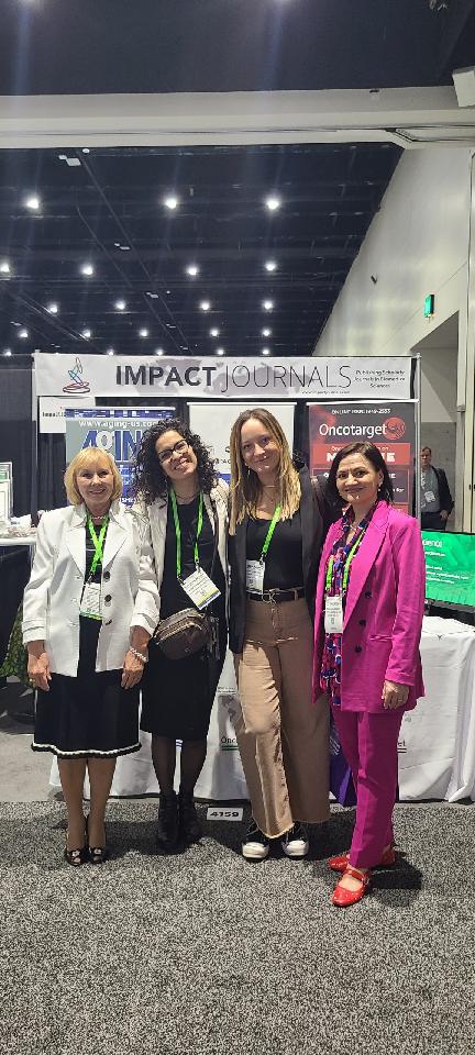 A few #AACR24 attendees visiting with Irina and Olga at booth #4159. Tomorrow is the last day of the conference. Come say hello! @AACR