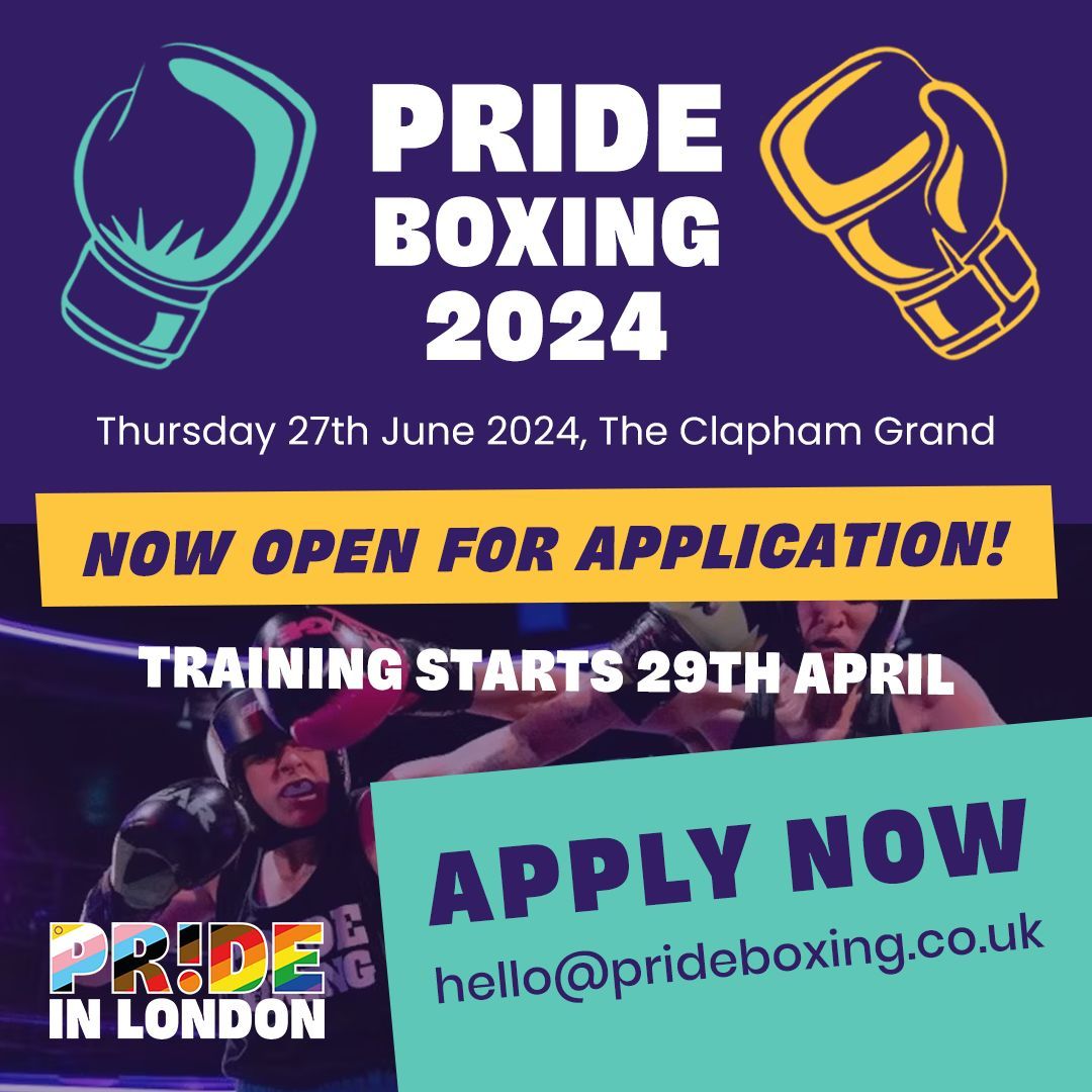 Pride Boxing is back! 🌈🥊 Join the LGBTQ+ white collar boxing event of the year on June 27th at The Clapham Grand - rain, fight, and shine with us! All are welcome at our inclusive fight camp. Sign up now: fatsoma.com/e/4bm8eg1c/pri… #PrideBoxing #Boxing #LGBTQ #London #Charity