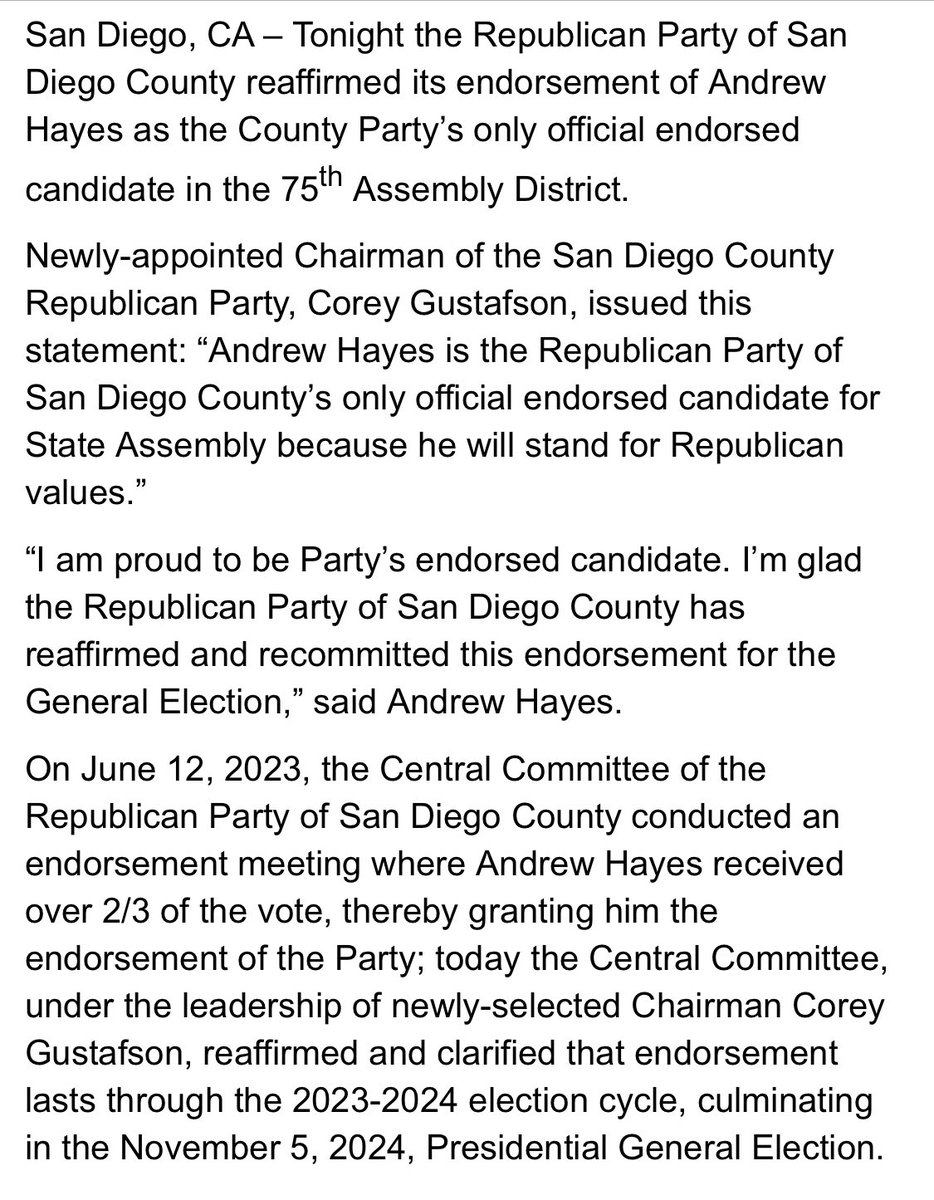 Republican Party of San Diego County ousted its chair after she schemed to reverse the party’s endorsement of Andrew Hayes over Carl DeMaio in the 75th Assembly District. Fascinating