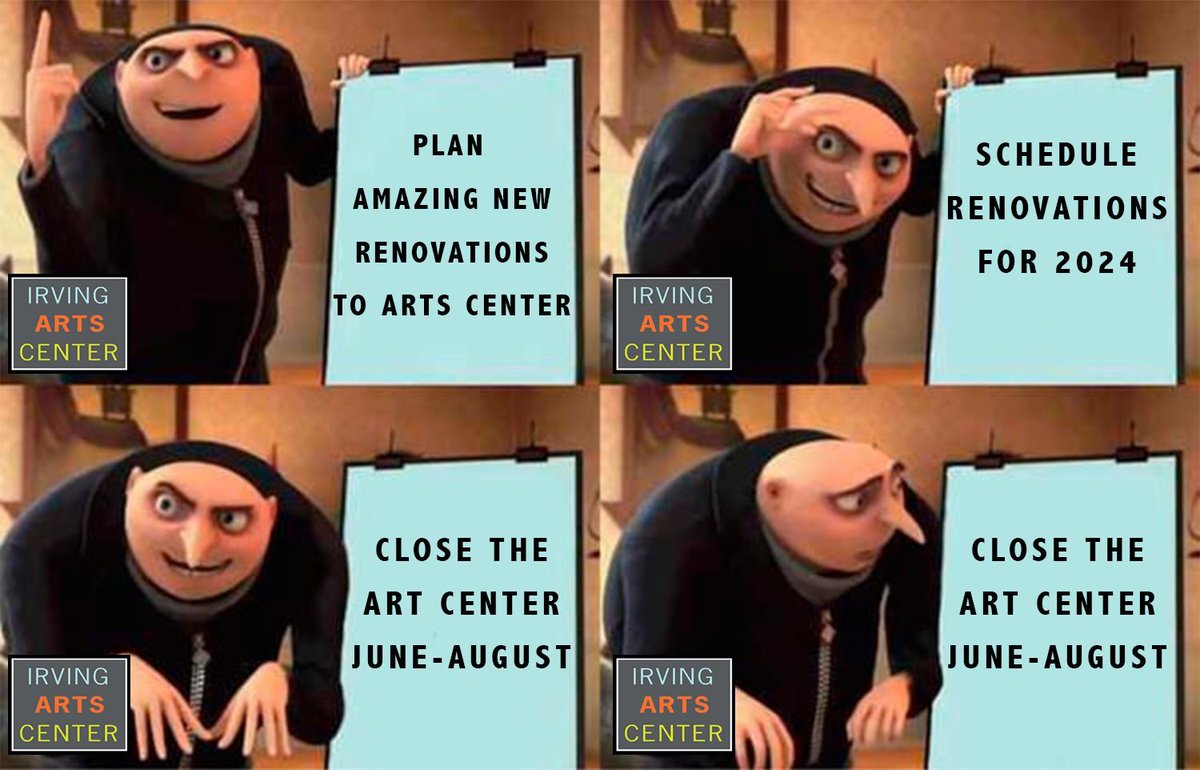 Sorry to break the news! But we'll be up and running in September with exciting changes! Until then we still have plenty of galleries and family activities! So don't miss out! #meme #funnymeme #closure #closures #grumeme #irvingtx #irvingarts #artgalleries #familyfun