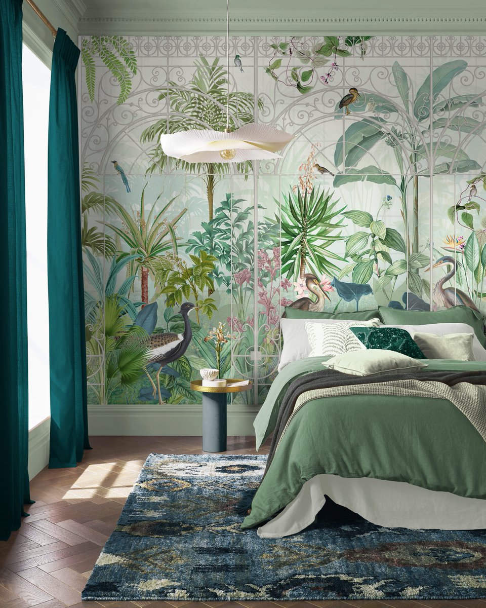 Enter Into The Glasshouse Day! 🕊️🌿

With layers of rich greenery, soft pink florals and elegant bird layered with architectural curves, his sophisticated design is reminiscent of a tropical aviary. 

#wallapermural #statementwallpaper #bedroominspiration