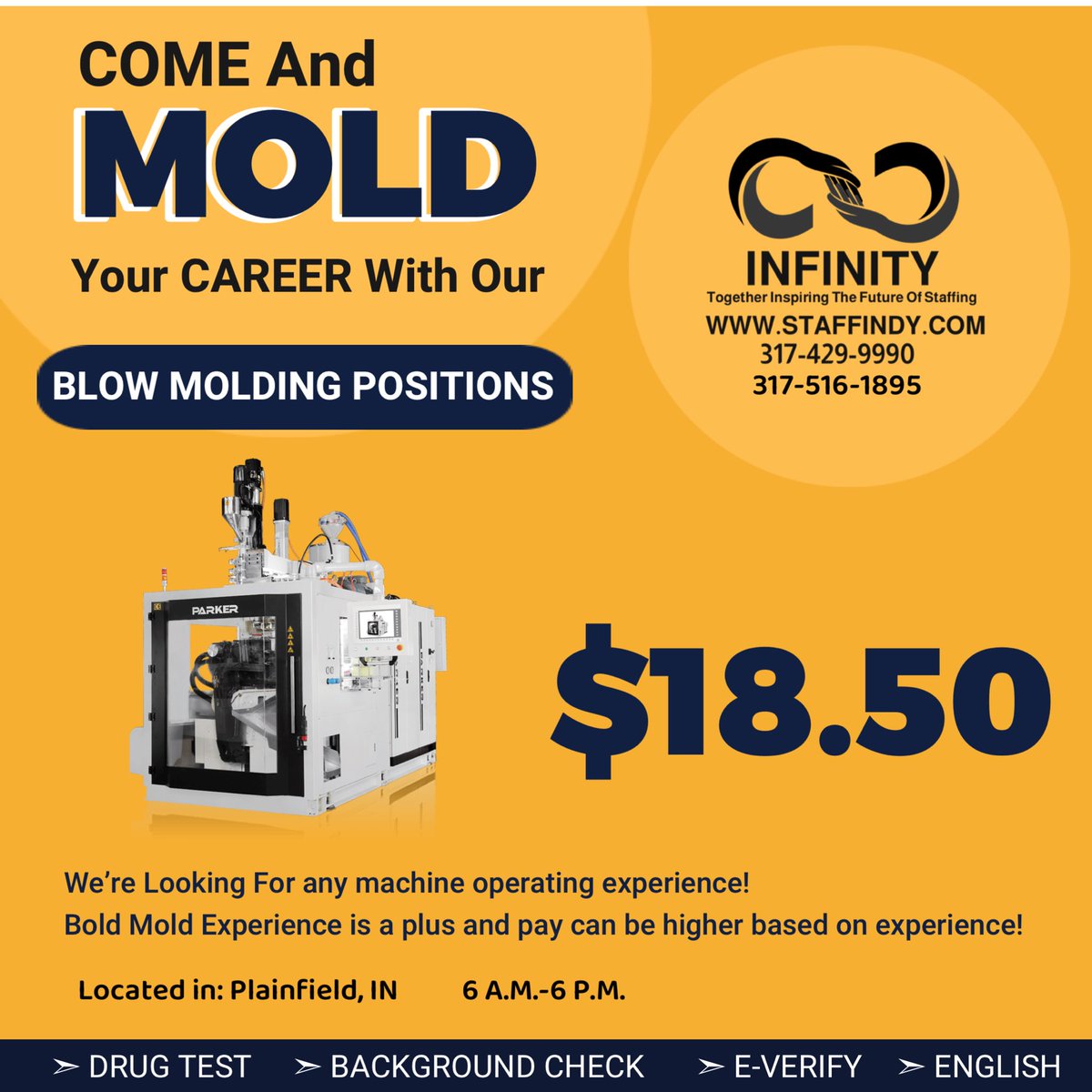 We’re on a search for machine operators looking to expand their machinery skills and the experienced blow mold operators to find a workplace they enjoy:

jobboard.ontempworks.com/InfinityStaffi…

#hiring #findwork #tuesdayvibes #employment #machinery #operators #jobs #plainfieldindiana #applynow