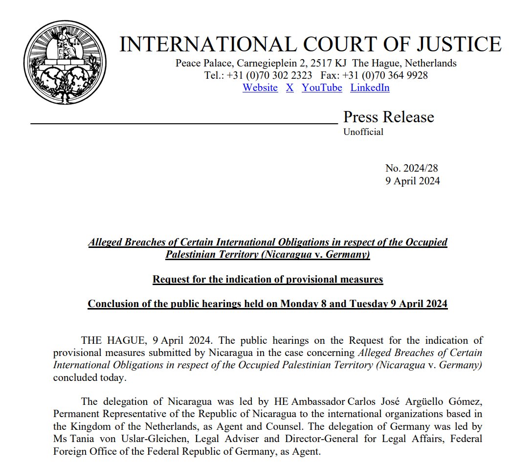 PRESS RELEASE: the public hearings on the request for the indication of provisional measures submitted by Nicaragua in the case #Nicaragua v. #Germany concluded today before the #ICJ tinyurl.com/45zy4wjv