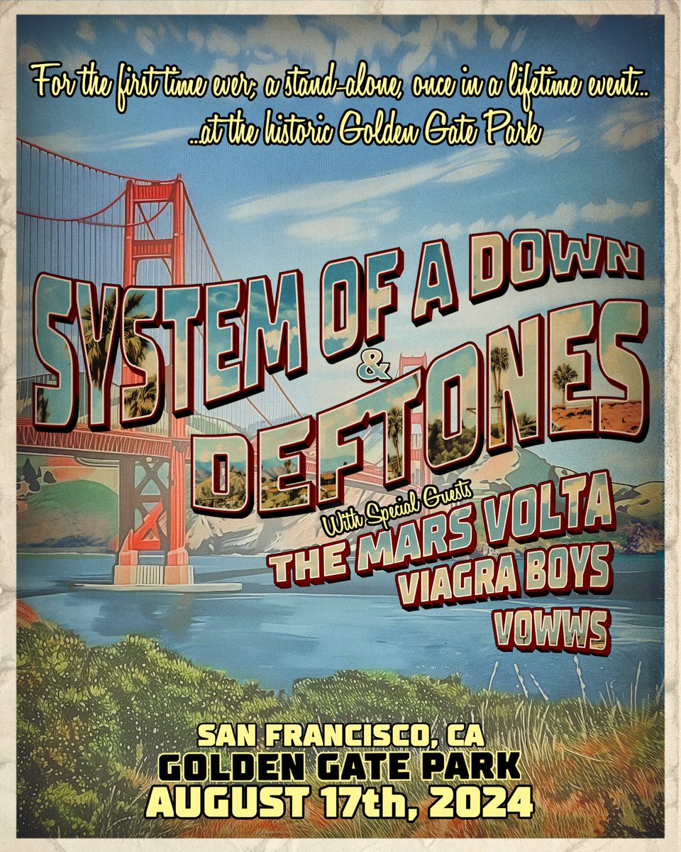 System Of A Down, Deftones & more are coming to Golden Gate Park on Saturday August 17th! Presale starts Thursday at 10am with code GOLDEN General on sale starts Friday at 10am. More info: goldengateparkconcerts.com