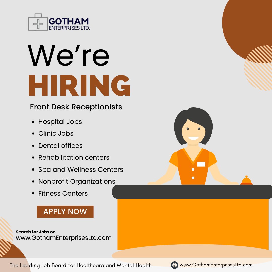 Join us now!

Hospital, clinic, dental, rehab, spa, nonprofit, fitness - wherever your passion lies, we've got the perfect receptionist role waiting for you.

Elevate your career today:gothamenterprisesltd.com

 #HealthcareJobs #JobOpportunity#HospitalJobs #ClinicJobs #DentalJobs