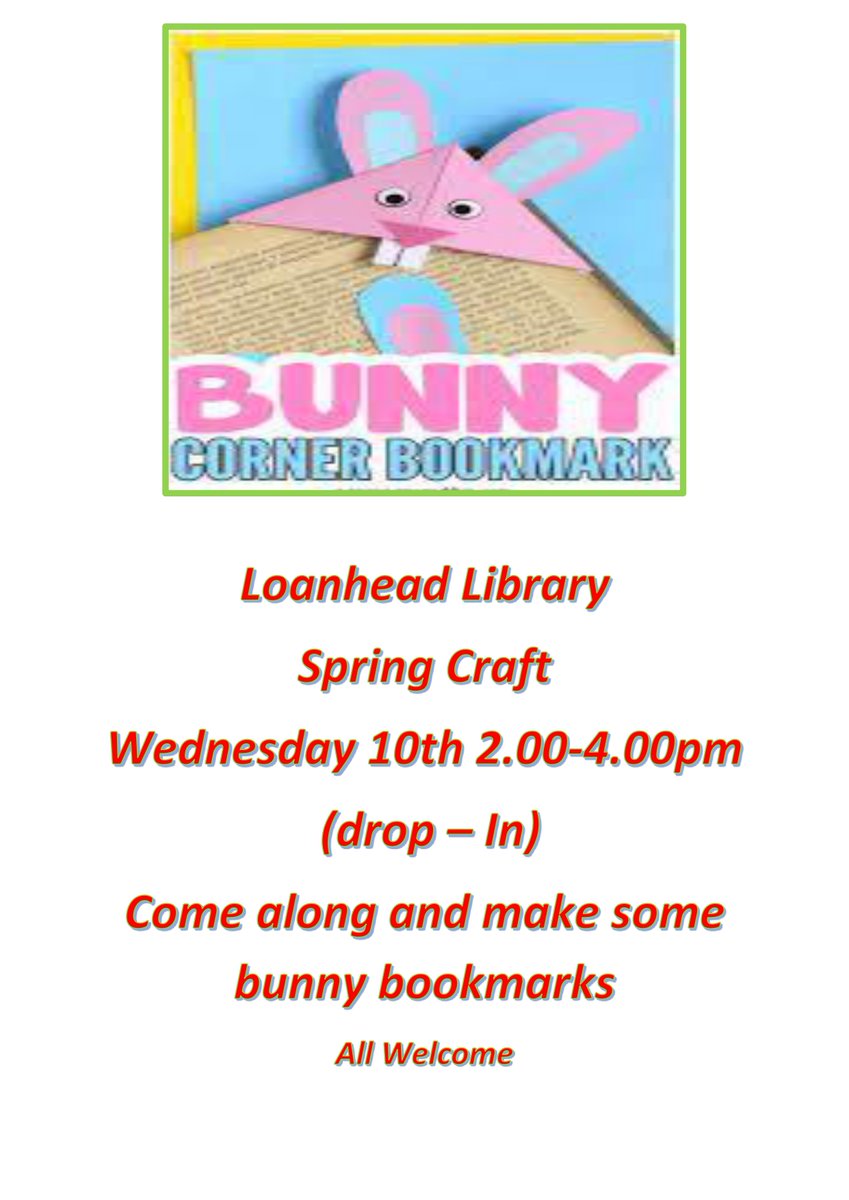 Join #Loanhead Library TOMORROW (Wed 10 Apr) to create a bunny bookmark! 🐰 Drop in between 2-4pm for some crafty fun! #Midlothian #Crafts