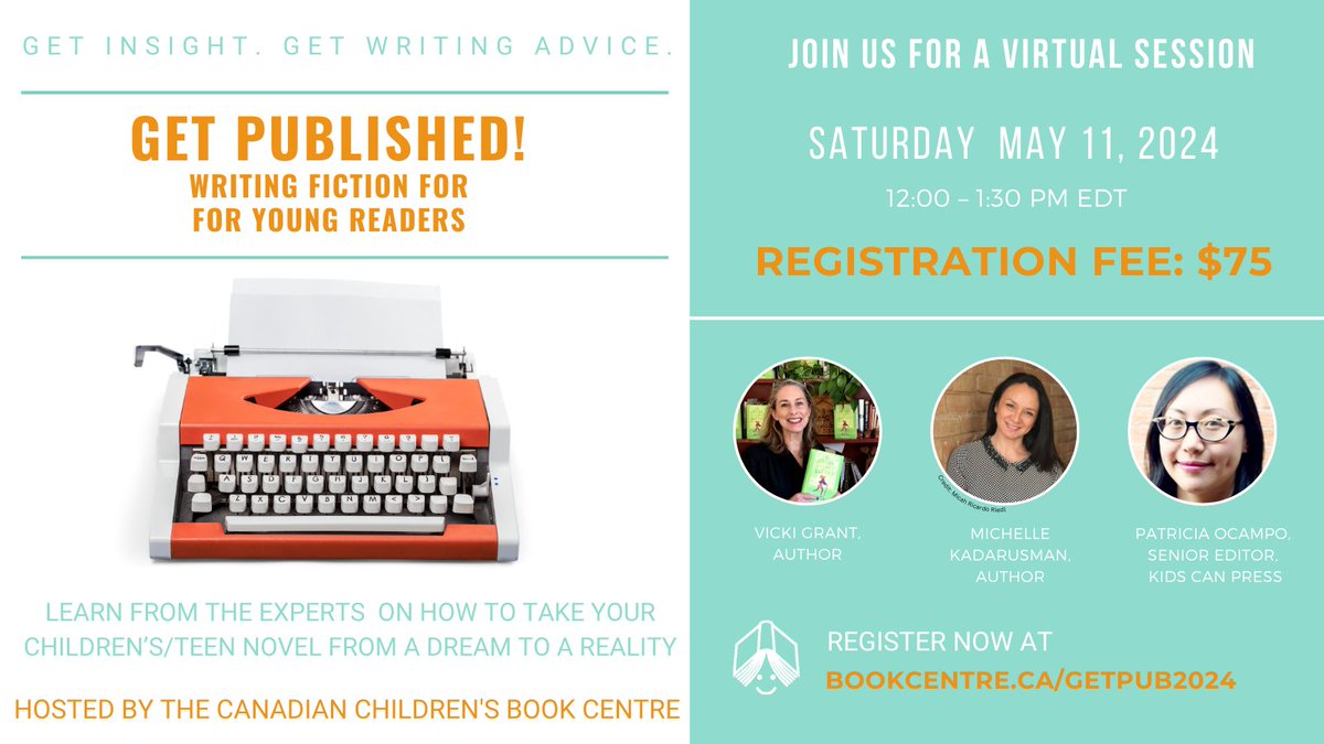 kidsbookcentre's tweet photo. Have a story idea for a middle-grade or teen novel that you want published but don't know where to start? Join us on Saturday, May 11 for our Get Published webinar. Panelists include @VickiGrantYA, Michelle Kadarusman and Patricia Ocampo. Register now! https://t.co/dHvjb7G721 https://t.co/uybHJsIXgH