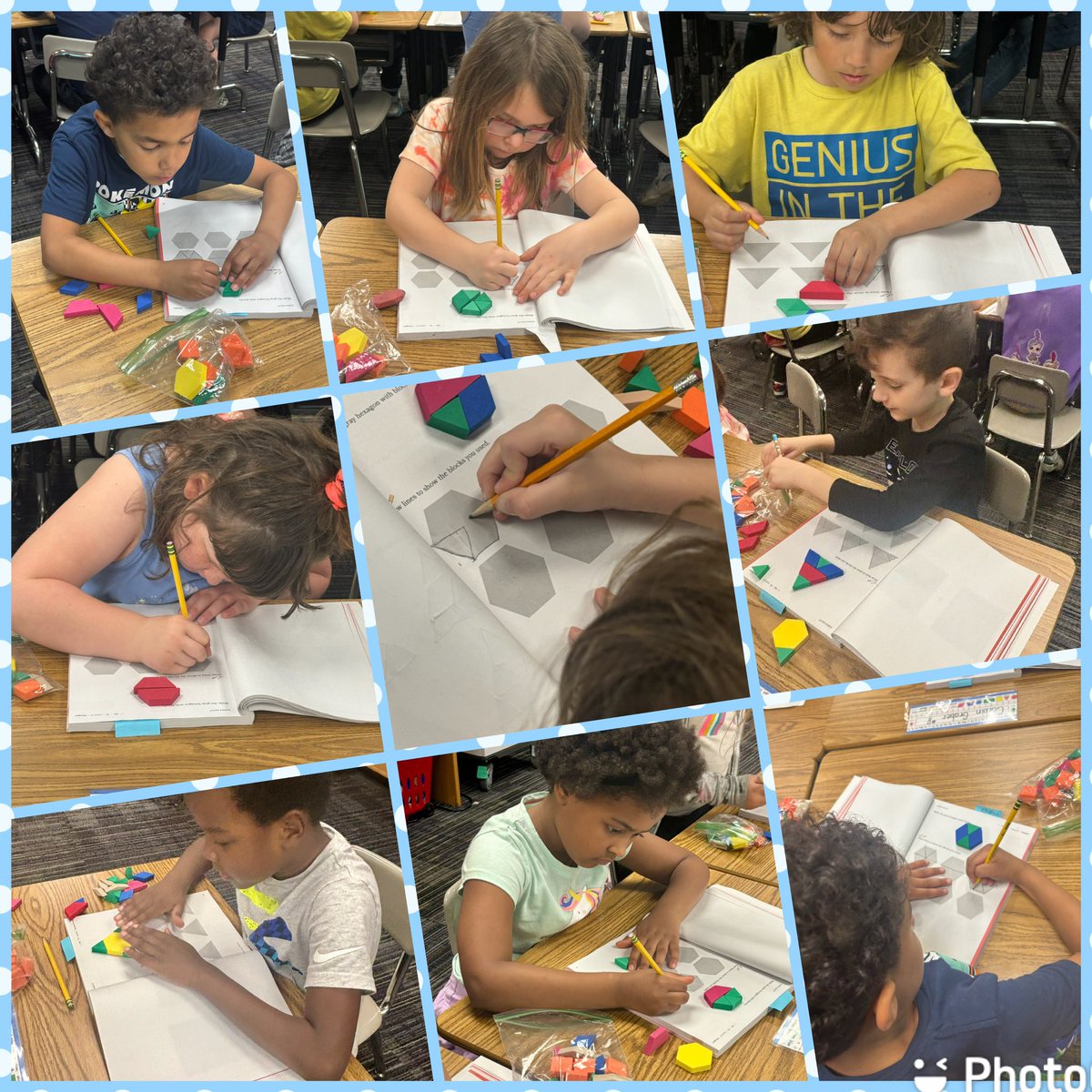 Rm 5 mathematicians were hard at work having F-U-N during @eureka_math today. We used pattern blocks to compose shapes using different combinations of shapes. It was very fun and full of learning. @McClelland_ES @WayneTwpSchools