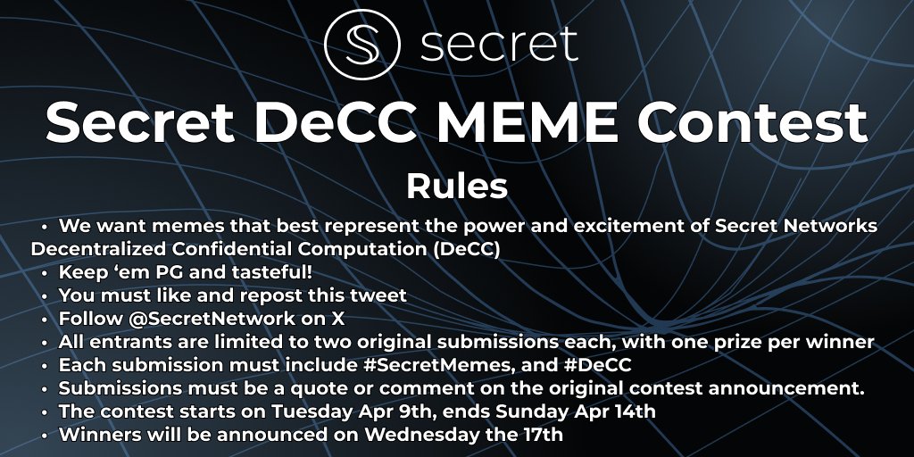 NEW: Announcing the #DeCC Meme Contest! To celebrate Decentralized Confidential Computation, we’re launching a #SecretMeme contest with a prize pool of 200 $SCRT! 3 winners 1st 100 $SCRT 2nd 60 $SCRT 3rd 40 $SCRT Read the rules 👇, get creative, and unleash the memes! 1/3