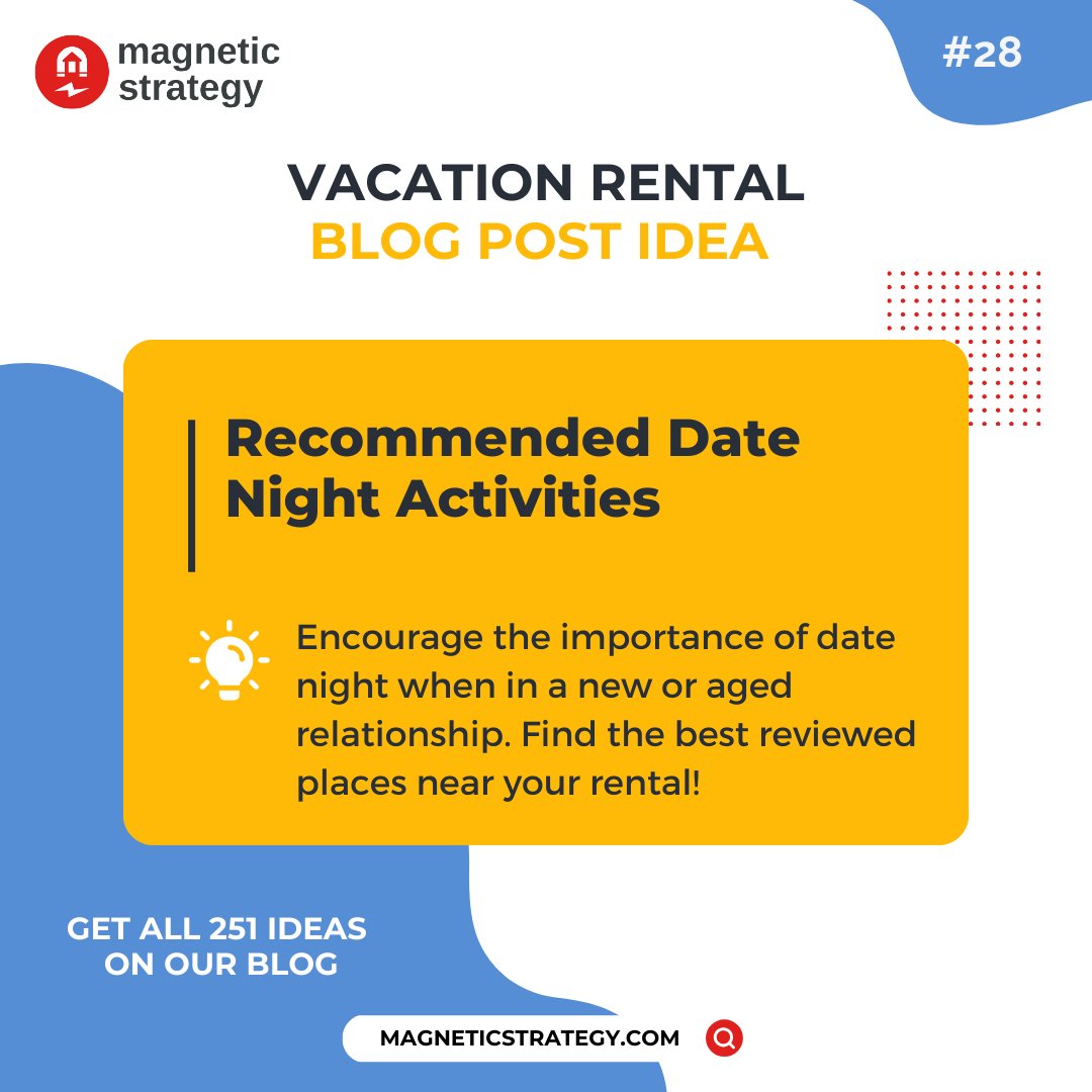 Encourage the importance of date night when in a new or aged relationship. Find the best reviewed places near your rental! 

#vacationrentals #vacationrentalmanagers #vrm #shorttermrentals #propertymanagers #propertymanagement #airbnb #vrbo #blogging #contentideas