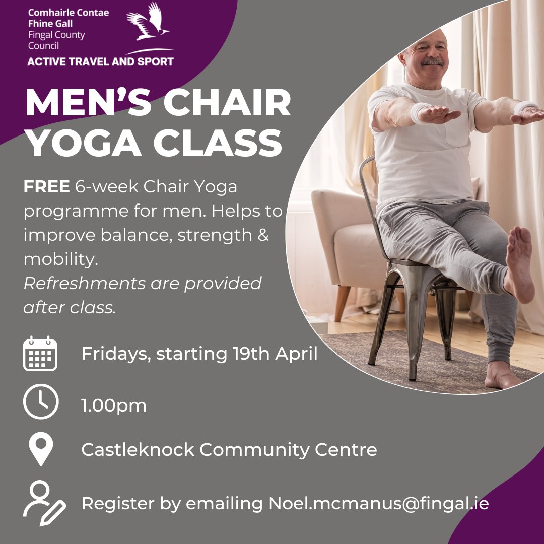 Chair Yoga programme for men. Helps to improve balance, strength & mobility. Refreshments are provided after class. 🕐 Fridays at 1pm 📍 Castleknock Community Centre 🗓️ 6 weeks, starting 19th April Register 👉 bit.ly/ChairYogaCastl… @Fingalcoco @fingalcommunity @HealthyFingal