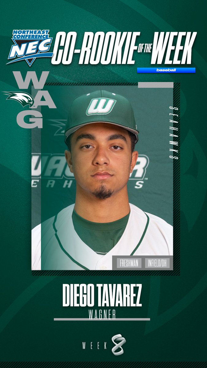 🏅#NECBaseball Co-Rookie of the Week🏅

🧢Diego Tavarez, <a href="/WagnerAthletics/">Wagner Seahawks</a> 

✍️Tavarez had an impressive .750 / .750 / 1.125 slash for a 1.875 OPS as Wagner won 2 of 3 games last week against Norfolk State. He recorded 5 RBIs along with scoring 2 runs of his own, including 1 HR.