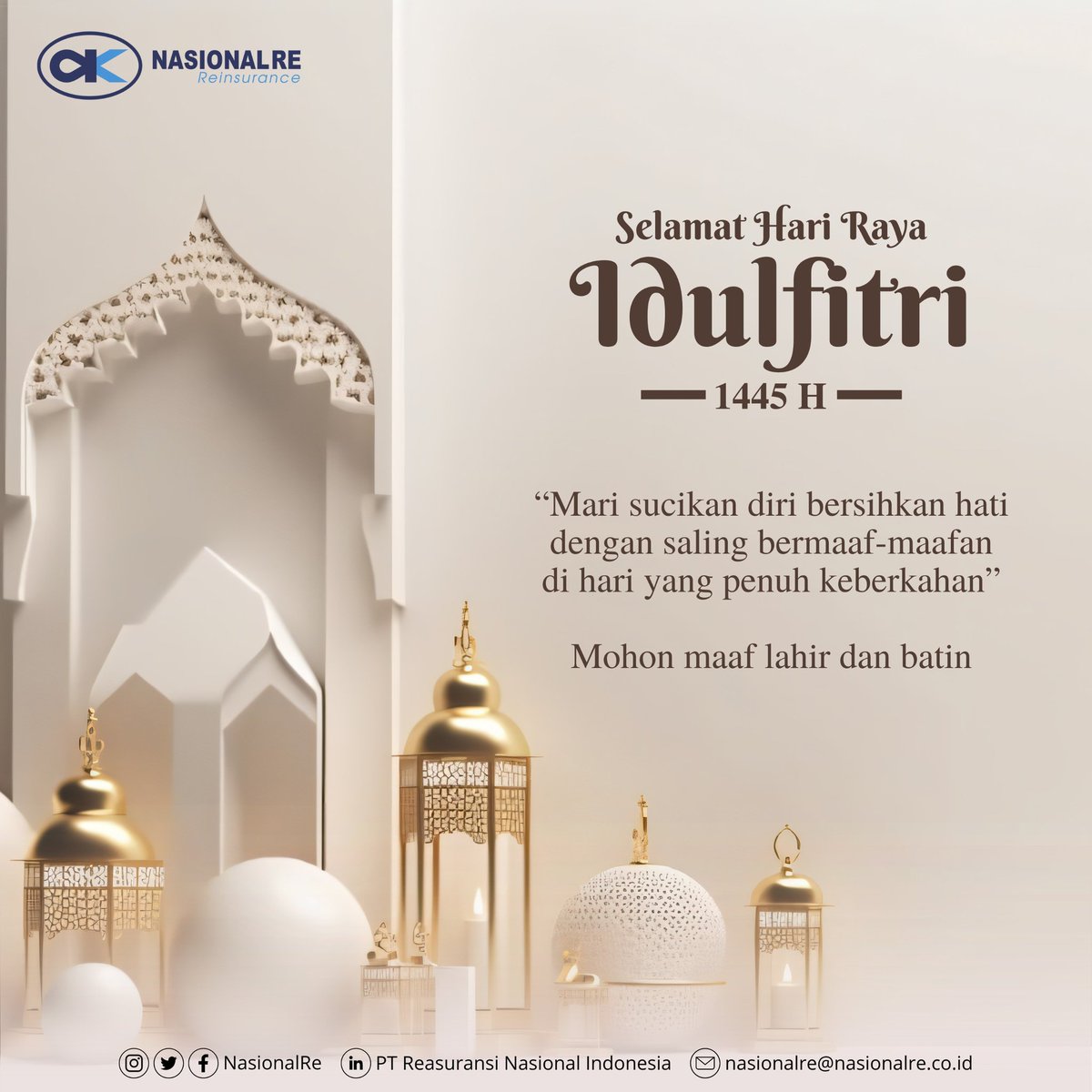 Mari sucikan diri bersihkan hati dengan saling bermaaf-maafan di hari yang penuh keberkahan, mohon maaf lahir dan batin.

#ReasuransiNasionalIndonesia
#NasionalRe
#Nasre
#Reasuransi
#Reinsurance
#Asuransi
#MariBerasuransi
#Askrindogroup
#IFG
#indonesiafinancialgroup