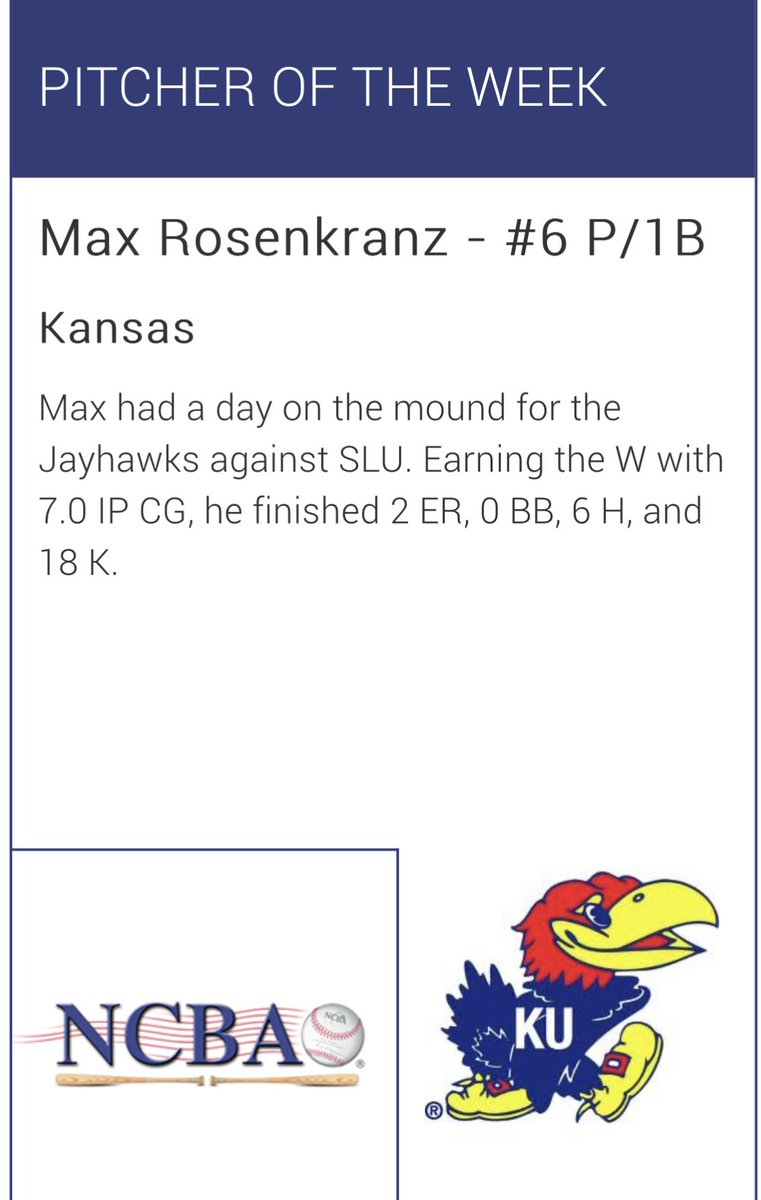 South Pitcher of the Week:

Max Rosenkranz, <a href="/KU_ClubBaseball/">Kansas Club Baseball</a>