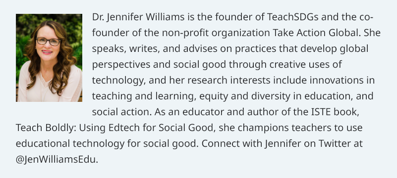 Special thanks to @JenWilliamsEdu for joining #GlobalStudentChat today as the guest expert on panel. Give her a follow and stay connected to her work with takeactionglobal.org