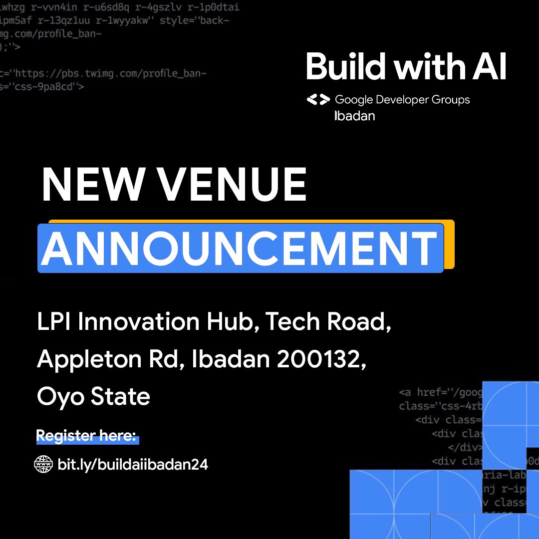 📢 Venue change, same excitement! Join GDG Ibadan's Build with AI event on April 13th. Explore Generative AI, Interactive workshops, and networking with techies of all backgrounds. Register here: bit.ly/buildaiibadan24. See you there! #BuildWithAI #GDGIbadan