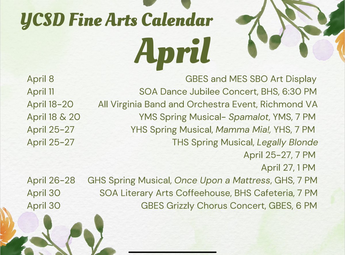 YCSD Fine Arts April Calendar