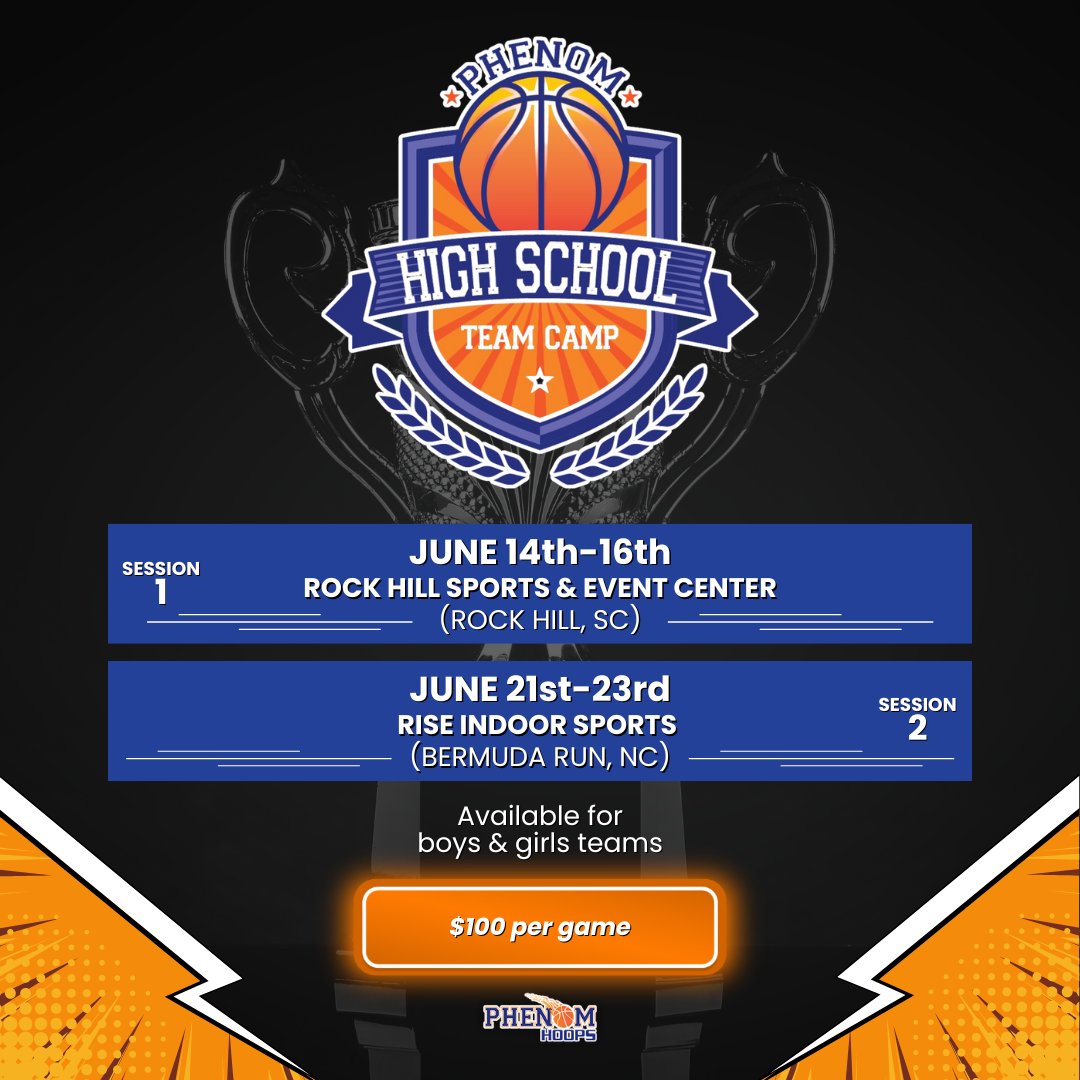 🚨 HS coaches, be sure to mark your calendar 🏀 Phenom HS Team Camps 📅 Session 1: June 14-16 🏟️Rock Hill Sports & Event Center ⛹️‍♂️ bit.ly/47JiGdb Boys ⛹️‍♀️bit.ly/3Svjy0T Girls 📅 Session 2: June 21-23 🏟️ Rise Indoor Sports @RiseIndoorSport ⛹️‍♂️