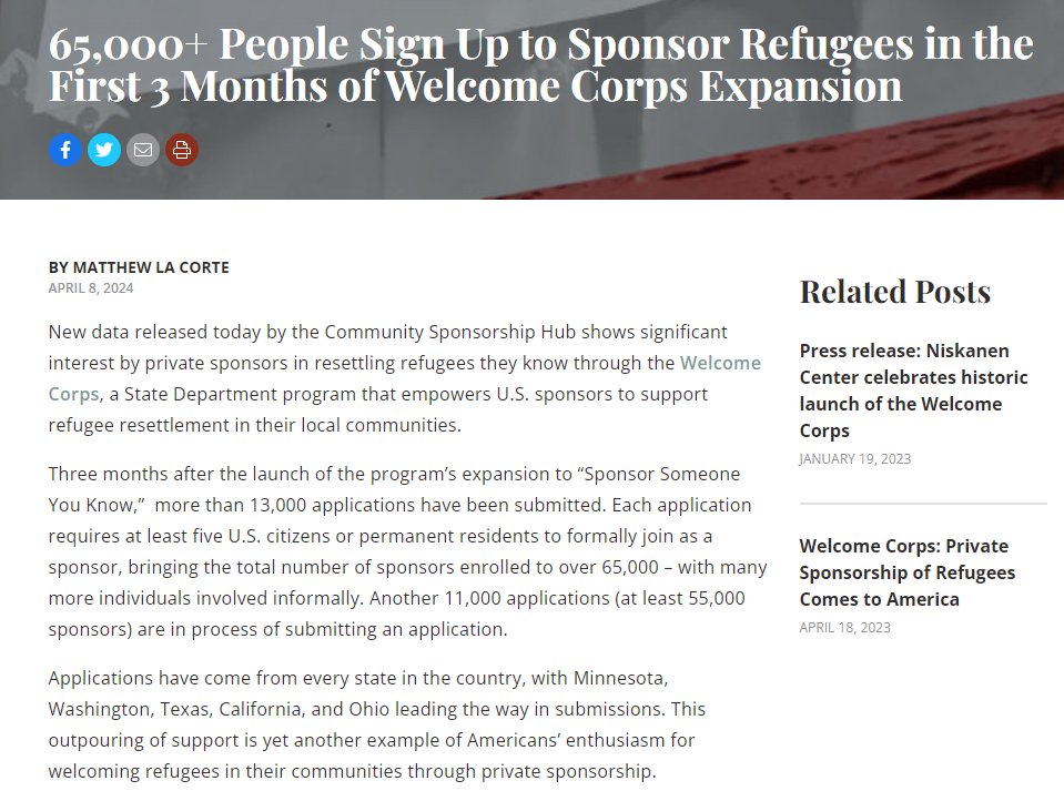 65,000 Americans have signed up to sponsor refugees. Historic. @MLaCorte_ will write a book about how this started someday. niskanencenter.org/65000-people-s…