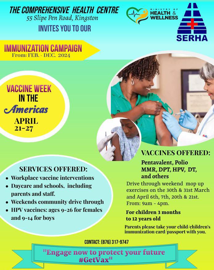 🌟 Get vaccinated at the Comprehensive Health Centre on April 21-27, 2024. Free vaccines and other services await! 🎁 @themohwgovjm @SRHAJamaica @mohnerha @wrhagovjm