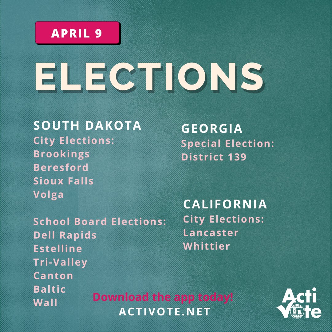 Today is a big day for city elections in South Dakota, Georgia and a few in California. 👏🏾 Learn more about today's elections, download the app, or visit acti.vote/tw to stay informed and make your voice heard! 🗳️📲👏🏾#Elections #SouthDakota #California