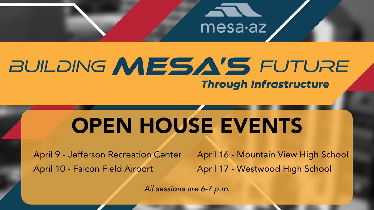 Open house events happening tonight and Wednesday. Learn about proposed infrastructure project concepts, talk to City staff and tell us what capital investments you want in Mesa's future. Open house info and all project details can be found at mesalistens.com/hub-page/build…