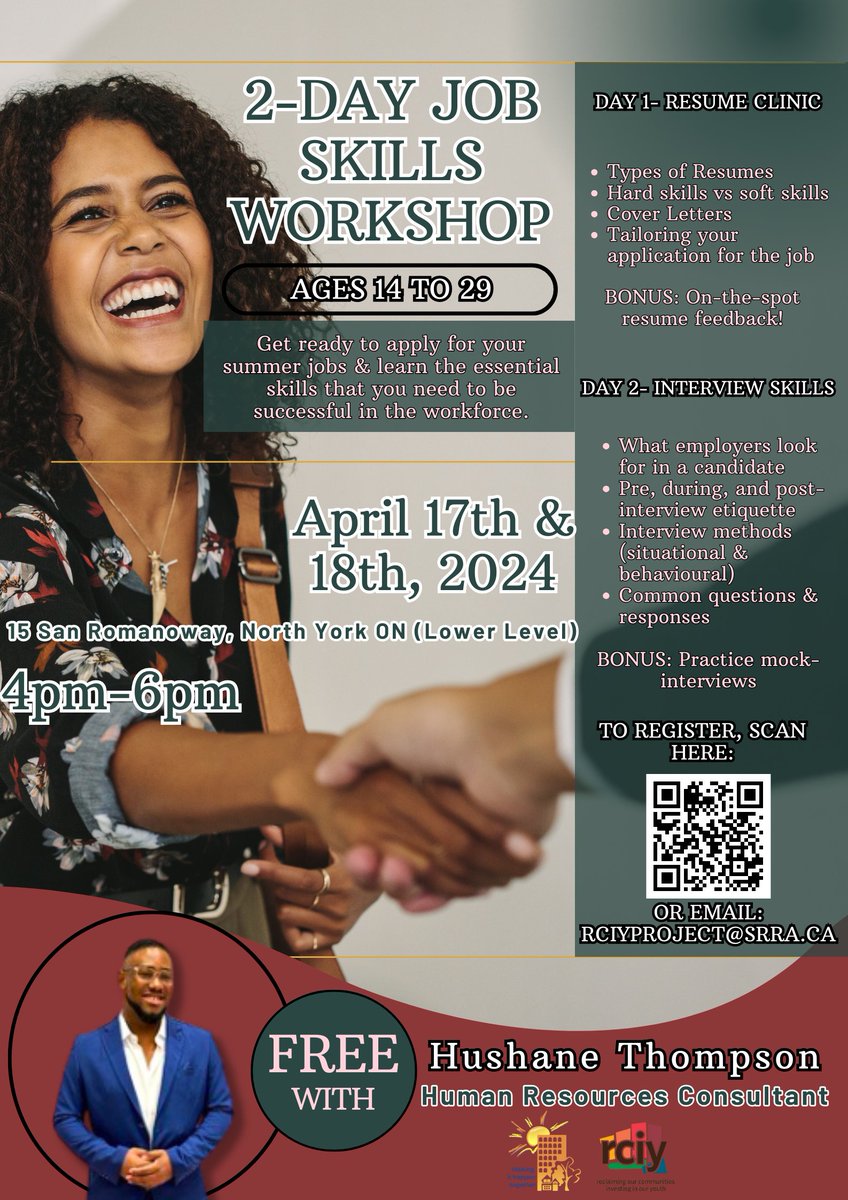 🌟 Join the San Romanoway Revitalization Association (SRRA) for a 2-Day Job Skills Workshop! For ages 14-29, get ready to ace your summer job applications with resume clinics, interview skills training, and more. April 17th & 18th in North York, ON. Register now! #JobSkills