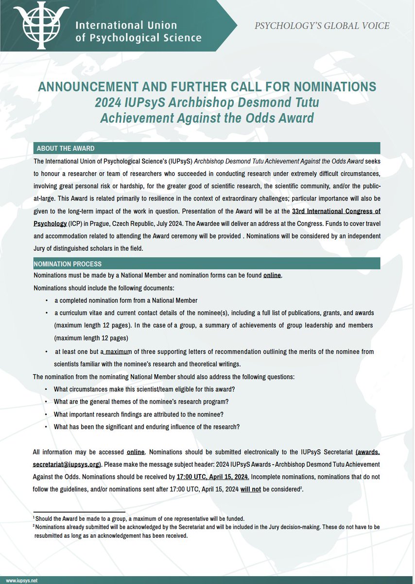 One week left for the Archbishop Desmond Tutu Achievement Against Odds Award nominations - April 15, 2024 is the deadline. All details may be viewed online: iupsys.net/about/awards/a…