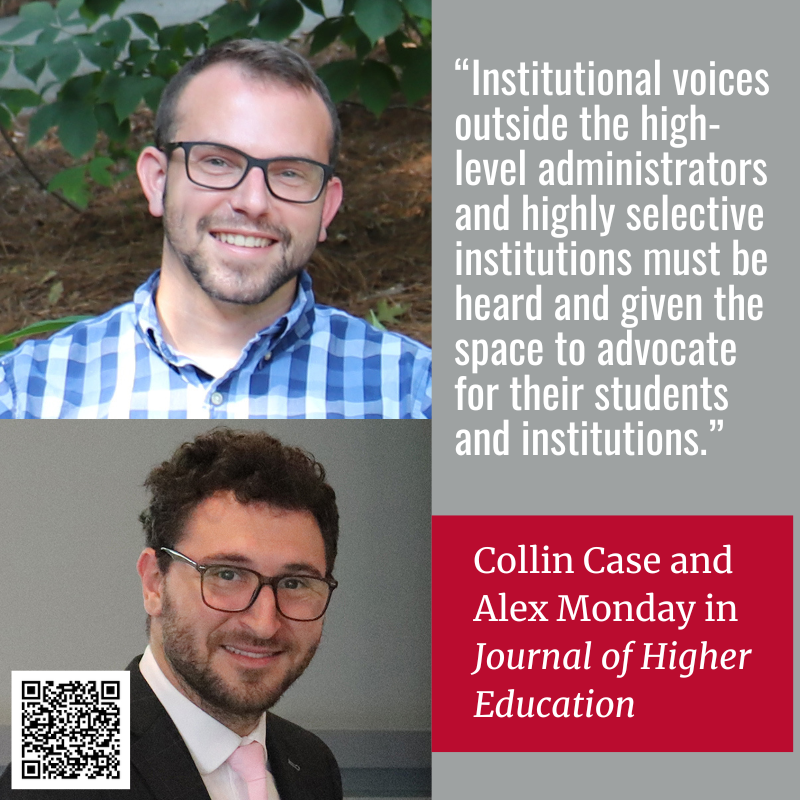 While PhD candidates at McBee, Collin Case and Alex Monday conducted a multiple case study investigation of the perceptions of test-optional policies among admissions officers. Article appears in The Journal of Higher Education lnkd.in/eYm2rBSM t.uga.edu/9PG