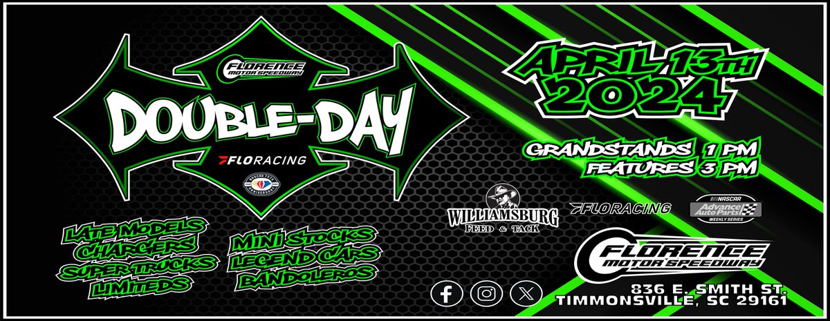 The 2024 race season continues on April 13th with the 'Double-Day' race event. Divisions in action include the Late Models (x2), Williamsburg Feed & Tack Chargers, Super Trucks, Mini Stocks, Legend Cars (x2), Bandoleros (x2), and Limited Late Models.