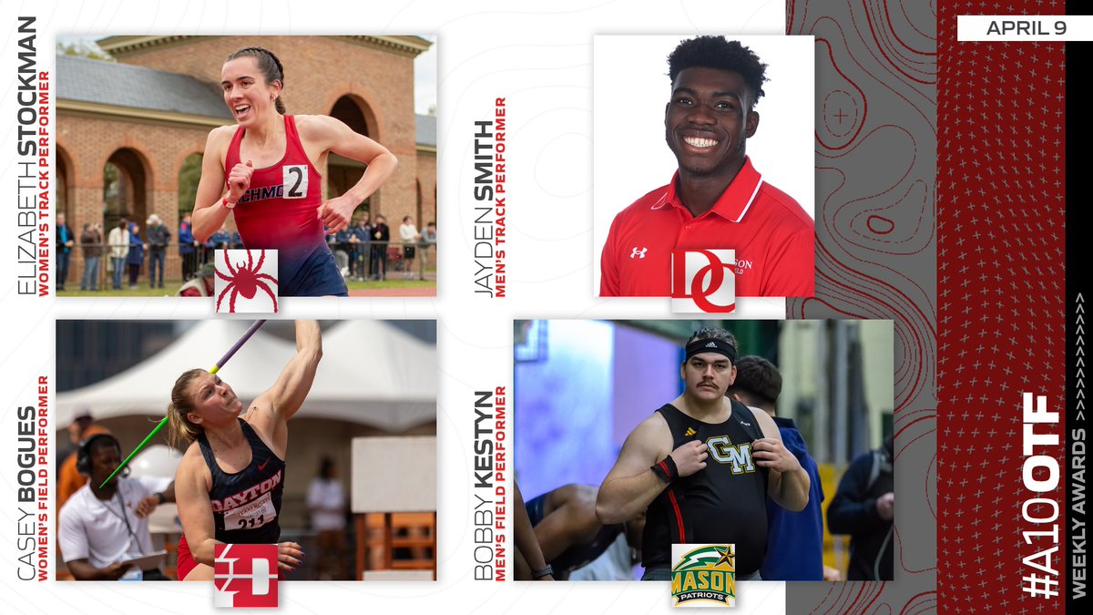 #A10OTF Weekly Honors 🏃 WOMEN'S TRACK -- Elizabeth Stockman | @RichmondXCTF MEN'S TRACK -- Jayden Smith | @Davidson_XCTF WOMEN'S FIELD -- Casey Bogues | @UDWomensTF_XC MEN'S FIELD -- Bobby Kestyn | @GeorgeMasonTFXC 🔗 atlantic10.com/news/2024/4/9/…