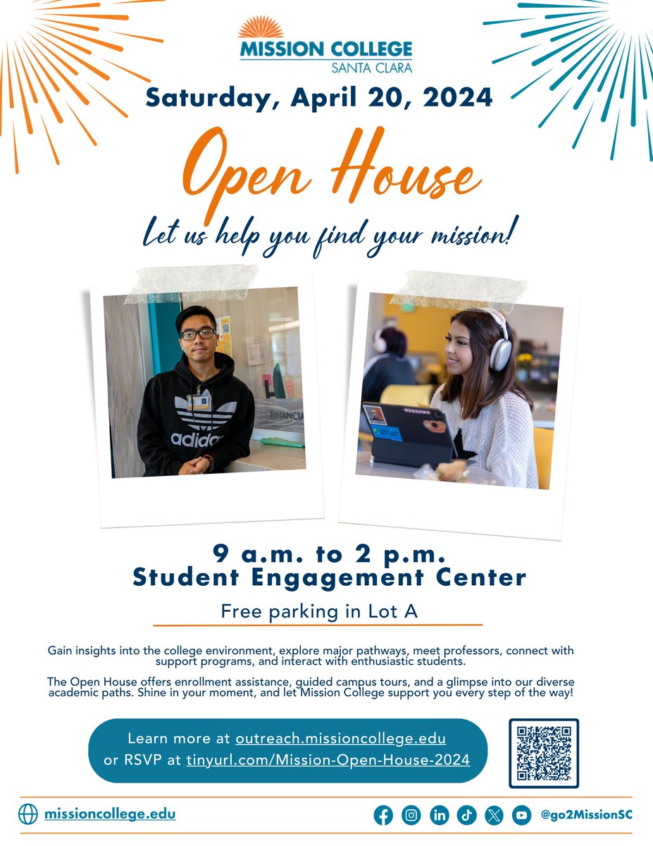 🎓 Join Mission College's Open House from 9 a.m. to 2 p.m. Saturday, April 20, in the Student Engagement Center and pave the way to a bright academic future. We can't wait to welcome you! 🌟 RSVP: forms.office.com/pages/response…